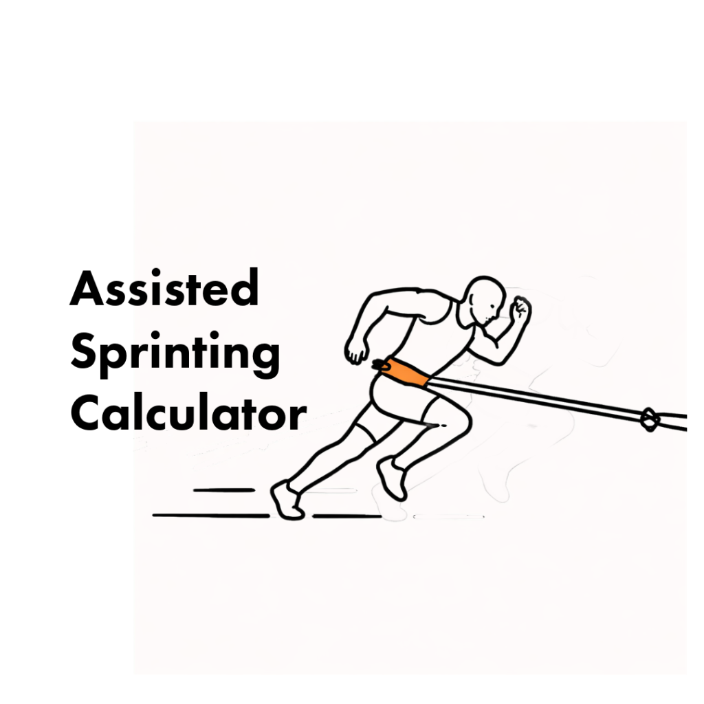 Runner wearing an orange waist harness attached to resistance bands, leaning forward beside the text 'Assisted Sprinting Calculator'.