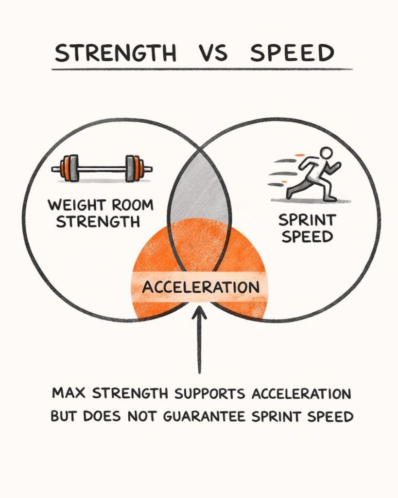 Venn: barbell (strength) and runner (speed) overlap = Accel.; note: strength helps accel. but doesn't ensure sprint speed