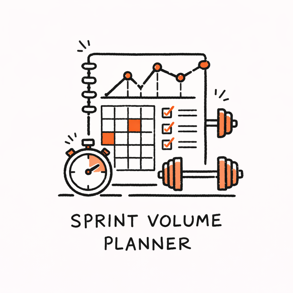 Illustration of a sprint volume planner showing a notebook with charts and calendar, stopwatch and dumbbells.