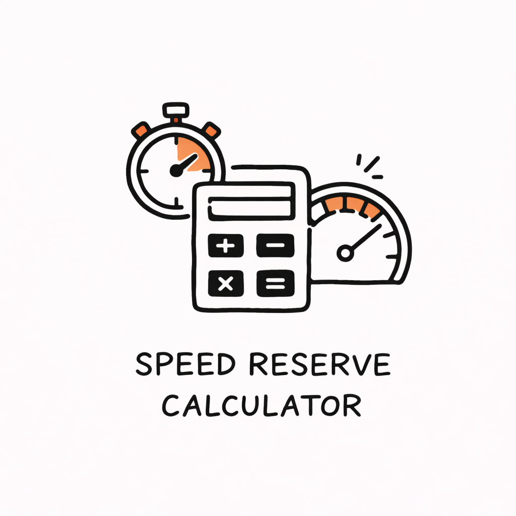 Stylized calculator with stopwatch and speedometer icons, orange accents, and text "SPEED RESERVE CALCULATOR" underneath.