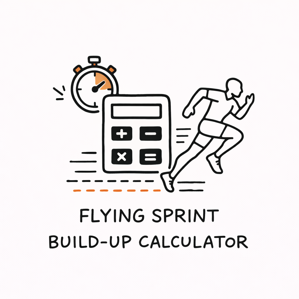 Stylized stopwatch, calculator showing plus/minus/multiply/equal buttons, and a running sprinter, caption reading Flying Sprint Build-Up Calculator