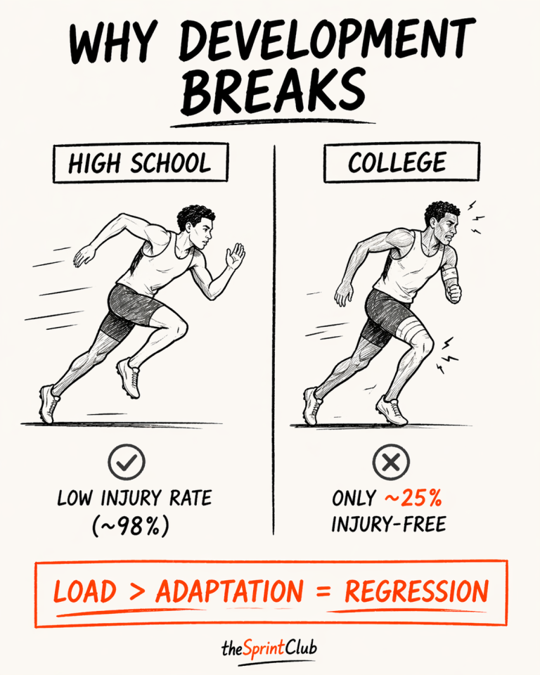 Split illustration comparing high school sprinter with low injury rate (~98%) and college sprinter injured (~25% injury-free); caption "Load > adaptation = regression."