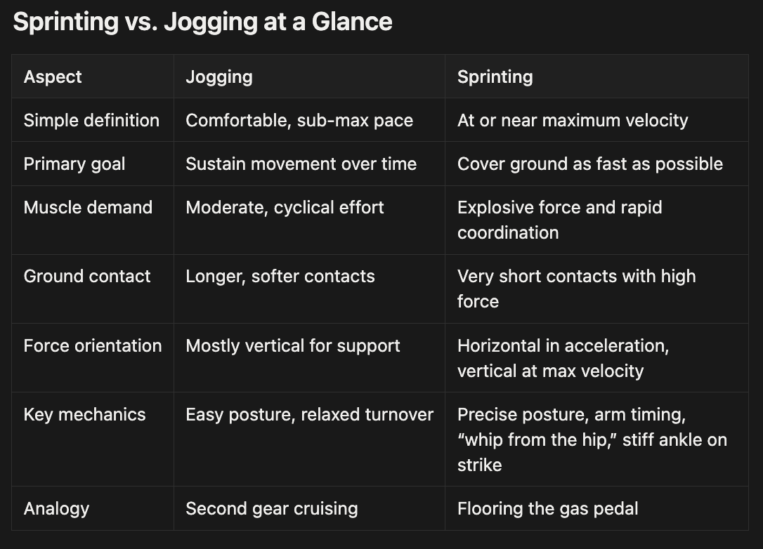 Table titled 'Sprinting vs. Jogging at a Glance' listing aspects—simple definition, primary goal, muscle demand, ground contact, force orientation, key mechanics, and analogy—and contrasting jogging as a comfortable sub‑max pace aimed at sustaining movement with moderate cyclical effort, longer softer contacts, mostly vertical support, easy posture/relaxed turnover and the analogy 'second gear cruising,' versus sprinting as at/near maximum velocity to cover ground fast with explosive force and rapid coordination, very short high‑force contacts, horizontal acceleration (vertical at max speed), precise posture/arm timing/“whip from the hip” and stiff ankle on strike, analogy 'flooring the gas pedal'