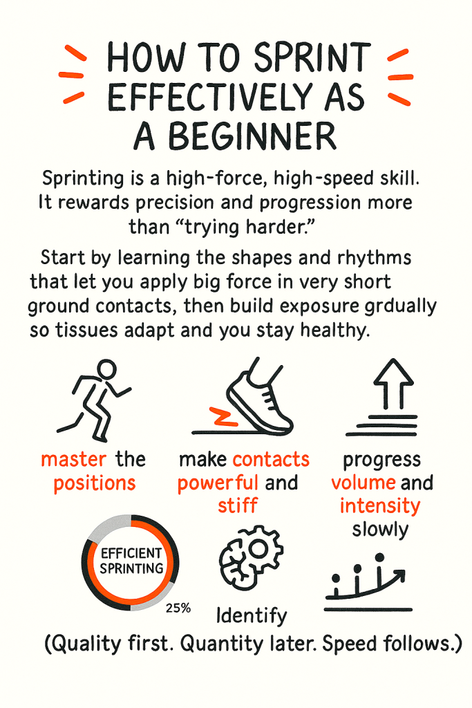 Infographic titled "How to Sprint Effectively as a Beginner" summarizing sprint tips—learn the positions, make ground contacts powerful and stiff, and slowly progress volume and intensity—illustrated with running, shoe, arrow and progress icons and a small "Efficient Sprinting" pie chart.