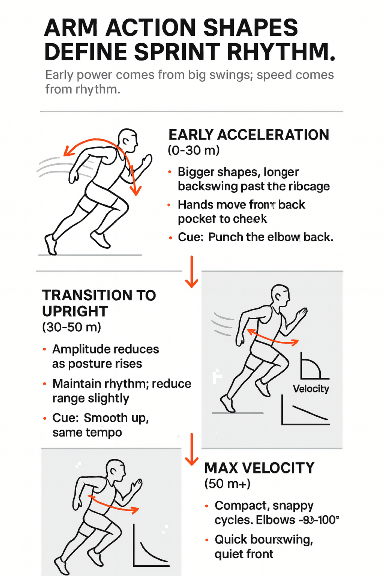 Infographic titled “Arm action shapes define sprint rhythm” illustrating three sprint phases—Early Acceleration (0–30 m) with a forward‑leaning sprinter and long backswing cueed “punch the elbow back”; Transition to Upright (30–50 m) showing reduced arm amplitude while maintaining rhythm; and Max Velocity (50 m+) showing compact, snappy arm cycles with elbows ~80–100°, accompanied by simple runner drawings and small velocity graphs.