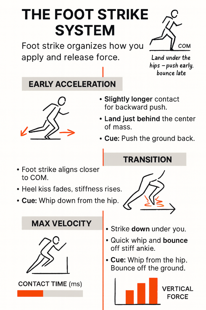 Infographic titled 'The Foot Strike System' showing three phases—Early Acceleration, Transition, and Max Velocity—with stick-figure running illustrations, bullet-point cues about landing relative to the center of mass (push the ground back, whip from the hip, strike down under you), and small charts for contact time and vertical force.