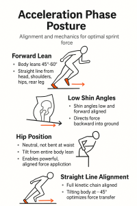 Infographic titled “Acceleration Phase Posture” showing black-and-orange stick-figure diagrams and bullet points explaining forward lean (body 45–60°), low shin angles, neutral hip position, and straight-line alignment for optimal sprint force with directional arrows illustrating force and posture,