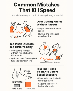 Infographic titled "Common Mistakes That Kill Speed" showing three sections: Over‑Cueing Angles Without Rhythm (coach pointing at a runner with waveform icons and bullets about rhythm and timing), Too Much Strength, Too Little Velocity (stopwatch, runner, snail and rhythm graph with bullets about force application and velocity), and Ignoring Tissue Tolerance Before Speed Exposure (foot illustration and bar chart comparing injury rates with and without isometrics, with bullets about building tissue tolerance and injury risk).