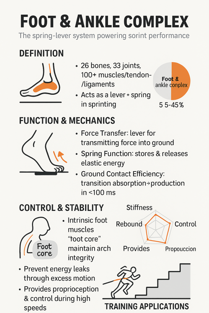 Infographic titled "Foot & Ankle Complex" with simple line illustrations, a pie chart and radar chart, and bullet points defining the foot (26 bones, 33 joints, 100+ muscles/tendons/ligaments; acts as a lever and spring), explaining function and mechanics (force transfer, spring storage/release, ground-contact transition <100 ms), and describing control and stability (intrinsic "foot core," preventing energy leaks, proprioception) plus a small running and stair-training graphic.