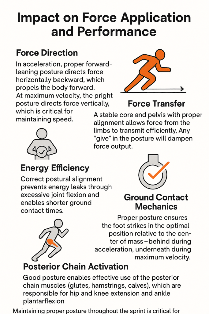 Infographic titled 'Impact on Force Application and Performance' with labeled sections—Force Direction (forward‑leaning runner icon and text about leaning to direct force), Force Transfer (note on core and pelvis stability and an orange runner), Energy Efficiency (core icon), Ground Contact Mechanics (checkmarked stopwatch), and Posterior Chain Activation (running figure with highlighted glute)—all emphasizing proper sprinting posture.