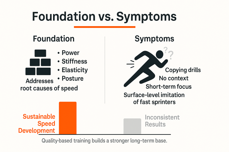 Infographic titled 'Foundation vs. Symptoms' comparing a left column with a brick icon labeled Foundation and bullets 'Power, Stiffness, Elasticity, Posture' plus 'Addresses root causes of speed' and a tall orange bar labeled 'Sustainable Speed Development', against a right column with a running-figure icon labeled Symptoms and bullets 'Copying drills, No context, Short-term focus, Surface-level limitation of fast sprinters' and a small gray bar labeled 'Inconsistent Results', with footer 'Quality-based training builds a stronger long-term base.'