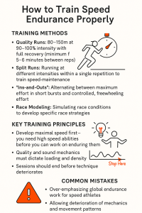 Infographic titled 'How to Train Speed Endurance Properly' listing training methods (quality runs, split runs, 'ins-and-outs', race modeling), key training principles (develop maximal speed first, prioritize quality mechanics, end sessions before technique deteriorates) and common mistakes, accompanied by simple icons of a runner with a stopwatch, a lightbulb and person, a wavy performance graph labeled 'Stop Here', and an orange warning triangle.