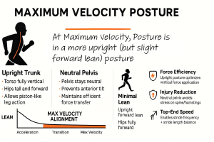Infographic titled 'Maximum Velocity Posture' showing a running silhouette with an upright-but-slight-forward lean and spine line, a graph of decreasing lean from acceleration to max velocity, and columns listing upright trunk (torso vertical, hips forward), neutral pelvis (prevents anterior tilt, efficient force transfer), minimal lean, and benefits: force efficiency, injury reduction, and top-end speed.