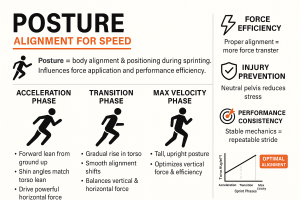 Infographic titled “Posture: Alignment for Speed” that defines posture for sprinting and shows three illustrated sprint phases—Acceleration (forward lean, shin angles match torso, drive horizontal force), Transition (gradual rise in torso, smooth alignment shifts, balance vertical and horizontal force) and Max Velocity (tall, upright posture optimizing vertical force)—with a right column of icons and text highlighting benefits (force efficiency, injury prevention, performance consistency) and a small graph indicating optimal alignment across the sprint phases.