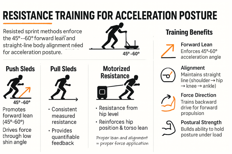 Infographic titled “Resistance Training for Acceleration Posture” showing a silhouetted athlete leaning 45°–60° with push, pull and motorized sled illustrations, three panels describing each method, and a right column listing training benefits: forward lean, alignment, force direction, and postural strength.