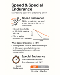 Infographic titled “Speed & Special Endurance” explaining speed endurance as the ability to maintain top-end speed for short efforts (95–100% maximal velocity) lasting about 7–20 seconds, with a small graph showing an orange curve that decays slower than a gray curve; notes what speed endurance is not (200–300m repeats or lactic-focused work at 30m), and describes special endurance divided into SE1 (20–40 s) and SE2 (40 s–2 min) with runner and stopwatch icons and a colored SE1/SE2 timeline.