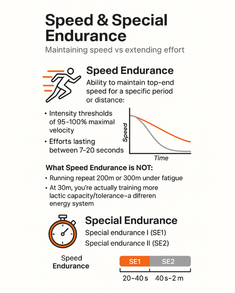 Infographic titled “Speed & Special Endurance” explaining speed endurance as the ability to maintain top-end speed for short efforts (95–100% maximal velocity) lasting about 7–20 seconds, with a small graph showing an orange curve that decays slower than a gray curve; notes what speed endurance is not (200–300m repeats or lactic-focused work at 30m), and describes special endurance divided into SE1 (20–40 s) and SE2 (40 s–2 min) with runner and stopwatch icons and a colored SE1/SE2 timeline.