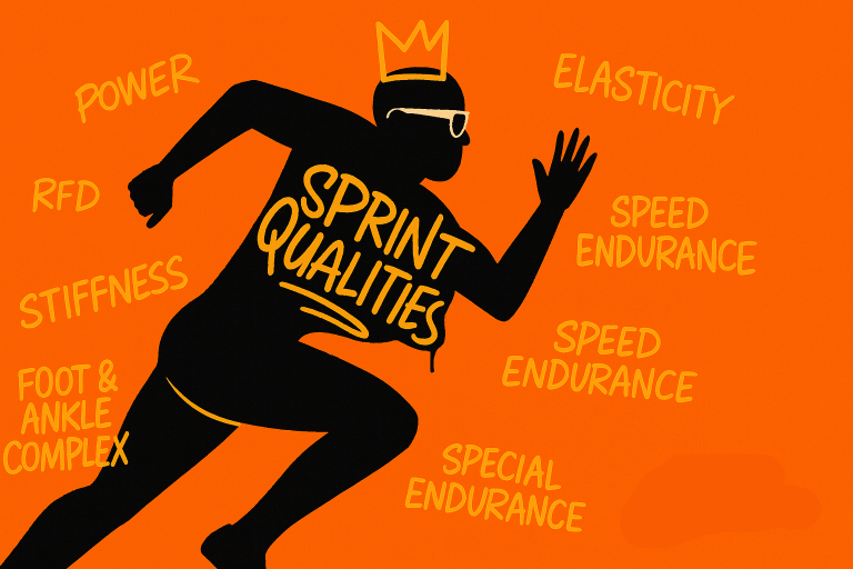 Black silhouette of a sprinter in mid-stride wearing sunglasses and a crown on an orange background, with 'SPRINT QUALITIES' on the torso and related terms (power, elasticity, RFD, stiffness, foot & ankle complex, speed endurance, special endurance) scattered around.