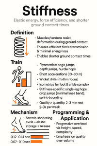 Infographic titled “Stiffness” about elastic energy and shorter ground contact times, with sections: Definition (spring icon and bullets describing muscles/tendons resisting deformation, efficient force transmission/minimal energy loss, and shorter ground contact times); Train (runner and step icons with bullets listing plyometrics like pogo, depth and hurdle jumps, short accelerations 10–30 m, wicket drills for rhythm, isometrics for foot and ankle, stiffness‑specific single‑leg hops, drop jumps with minimal knee bend, sprint‑bounding, and quality > quantity with 2–3 minute rests 2–3× per week); Mechanism (foot diagram showing the stretch‑shortening cycle = elastic storage + release with contact time ranges 0.12–0.14 s and 0.07–0.10 s); and Programming & Application (progressive overload via height, speed and complexity and emphasis on quality over volume).