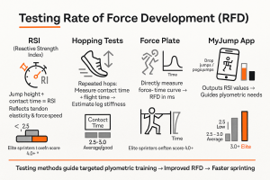 Infographic titled “Testing Rate of Force Development (RFD)” showing four methods: RSI (Reactive Strength Index = jump height ÷ contact time, reflects tendon elasticity and force speed, typical scores <2.5 low and elite 4.0+), Hopping Tests (repeated hops measure contact time and flight time to estimate leg stiffness, contact time 2.5–3.0 = average/good), Force Plate (directly measures the force–time curve to calculate RFD in milliseconds), and MyJump App (smartphone app that outputs RSI values to guide plyometric needs with ranges <2.5 low, 2.5–3.0 average, 3.0+ elite); footer reads testing methods guide targeted plyometric training → improved RFD → faster sprinting.