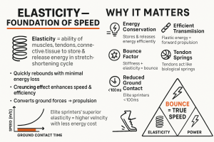 Infographic titled “ELASTICITY — FOUNDATION OF SPEED” defining elasticity as muscles, tendons and connective tissue storing and releasing energy in the stretch‑shortening cycle, with bullet points about quick rebound, a pre‑stretch effect enhancing speed and converting ground forces to propulsion, a graph showing speed rising as ground contact time shortens, a column of icons explaining why it matters (energy conservation, bounce factor, reduced ground contact <100ms, efficient transmission, tendon springs), and a triangle diagram labeling “BOUNCE = TRUE SPEED” supported by “ELASTICITY” and “POWER”.