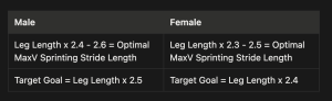 Table with two columns labeled Male and Female showing formulas: Male optimal stride = leg length × 2.4–2.6 and target goal = leg length × 2.5; Female optimal stride = leg length × 2.3–2.5 and target goal = leg length × 2.4.
