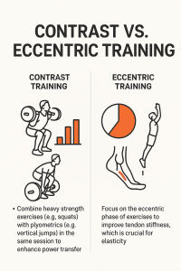 Infographic titled CONTRAST VS. ECCENTRIC TRAINING with two columns: left shows barbell squats and deadlifts, a rising bar chart and note about combining heavy strength exercises with plyometrics to enhance power transfer; right shows a pie chart, a highlighted Achilles tendon illustration and a jumping figure with note about focusing on the eccentric phase to improve tendon stiffness and elasticity.