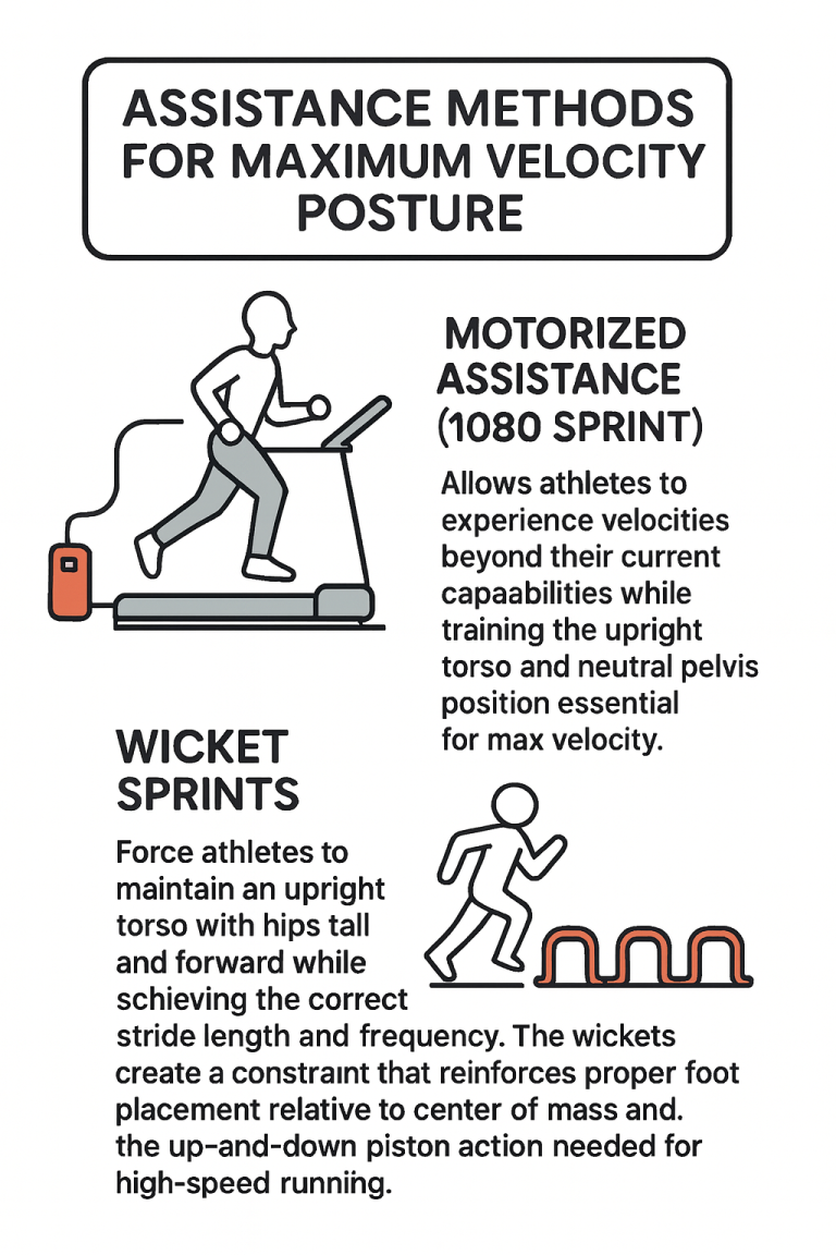 Infographic titled 'Assistance Methods for Maximum Velocity Posture' depicting a figure running on a motorized treadmill with an external red motor labeled 'Motorized Assistance (1080 Sprint)' and a second illustration of a figure running over small orange wickets labeled 'Wicket Sprints,' with accompanying text explaining each method trains an upright torso, neutral pelvis, stride length/frequency, and proper foot placement for high-speed running.