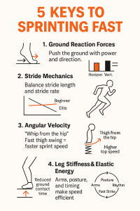 Infographic titled '5 Keys to Sprinting Fast' with numbered tips and simple icons: 1) Ground Reaction Forces — foot pushing the ground and a small bar chart, 2) Stride Mechanics — diagram balancing stride length and rate with beginner vs elite lines and a running silhouette, 3) Angular Velocity — 'whip from the hip' thigh swing illustrated with a spring, and 4) Leg Stiffness & Elastic Energy — reduced ground contact foot, spring graphic and a circular diagram linking posture, rhythm, foot strike and arms.