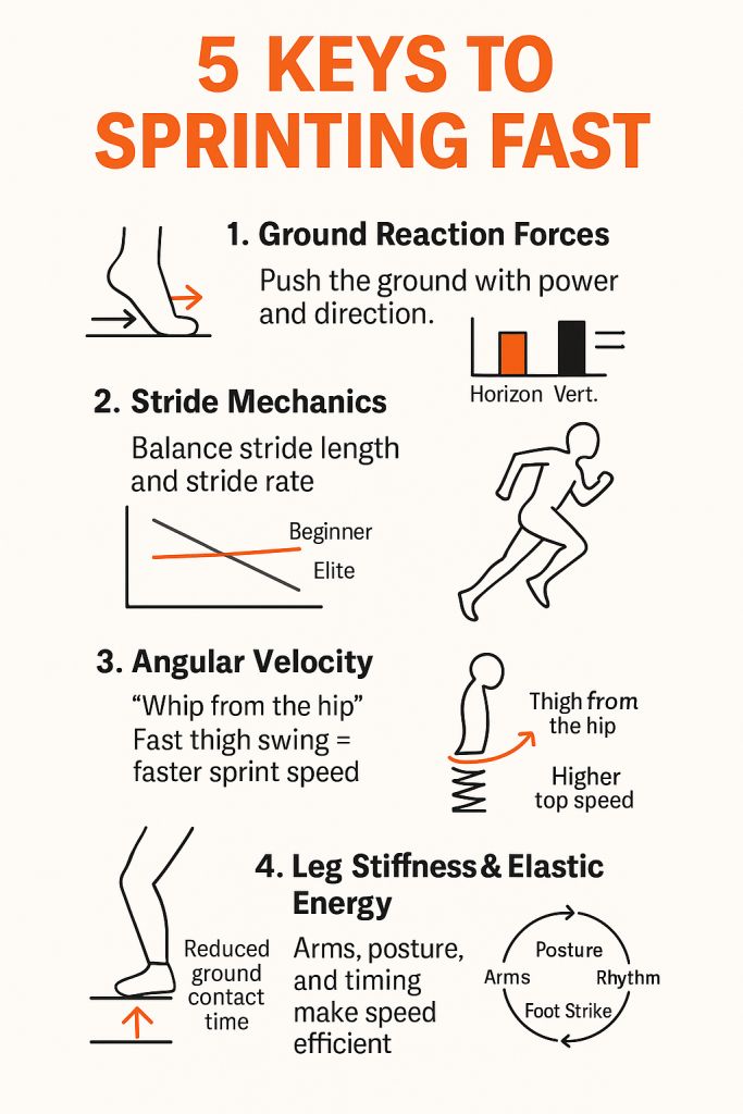 Infographic titled '5 Keys to Sprinting Fast' with numbered tips and simple icons: 1) Ground Reaction Forces — foot pushing the ground and a small bar chart, 2) Stride Mechanics — diagram balancing stride length and rate with beginner vs elite lines and a running silhouette, 3) Angular Velocity — 'whip from the hip' thigh swing illustrated with a spring, and 4) Leg Stiffness & Elastic Energy — reduced ground contact foot, spring graphic and a circular diagram linking posture, rhythm, foot strike and arms.