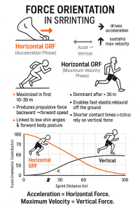 Infographic titled 'Force Orientation in Sprinting' showing two phases—Horizontal GRF in the acceleration phase (maximized in the first 10–30 m, produces backward propulsive force, linked to low shin angles and forward posture) and Horizontal/Vertical GRF in the maximum velocity phase (vertical force dominant after ~30 m, enables elastic rebound and shorter contact times)—with icons of sprinters, bullet points, a graph where horizontal force declines and vertical force rises over 0–100 m, and the caption 'Acceleration = Horizontal Force. Maximum Velocity = Vertical Force.'