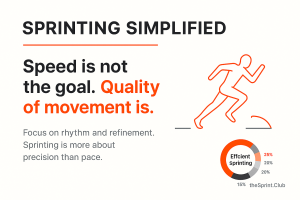 Slide titled 'Sprinting Simplified' reading 'Speed is not the goal. Quality of movement is.' alongside an orange line-drawn runner and a small donut chart labeled 'Efficient Sprinting,' with supporting text about focusing on rhythm, refinement, and precision of movement.