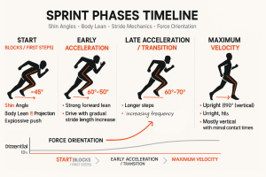 Infographic titled “Sprint Phases Timeline” showing four running silhouettes and captions: Start (blocks/first steps) with ~45° shin angle and explosive forward lean; Early Acceleration with 60°–50° shin angle, strong forward lean and driving stride; Late Acceleration/Transition with 60°–70° angle, longer steps and increasing frequency; and Maximum Velocity with upright vertical posture and minimal contact times, accompanied by a small force-orientation graph across the phases.