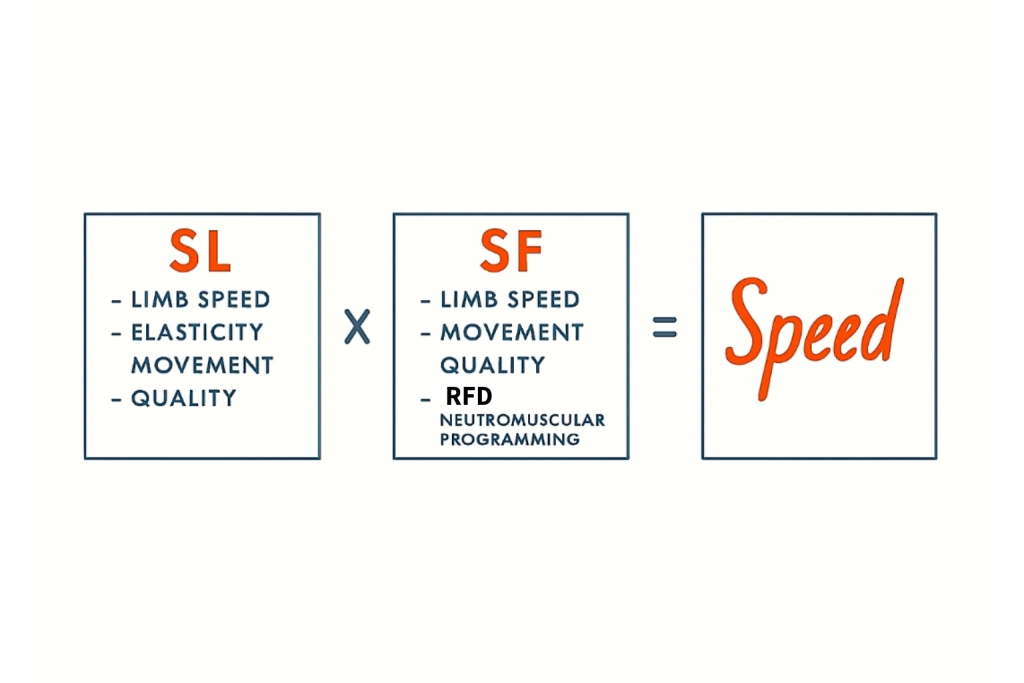 Three-box diagram: left box labeled SL lists limb speed, elasticity movement, and quality; middle box labeled SF lists limb speed, movement quality, and RFD neuromuscular programming; an equals sign after them leads to a right box with the word Speed in large orange script.