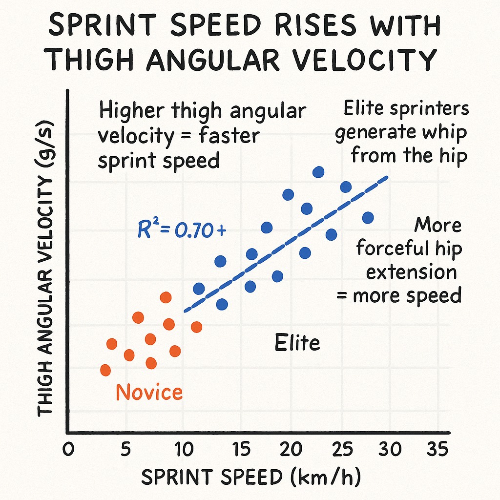 Scatter plot titled 'Sprint speed rises with thigh angular velocity' showing a positive correlation between sprint speed (km/h) on the x-axis and thigh angular velocity (g/s) on the y-axis, with orange points labeled Novice clustered at lower speeds, blue points labeled Elite at higher speeds, a dashed trend line annotated R² ≈ 0.70 and notes about hip-driven speed increases.