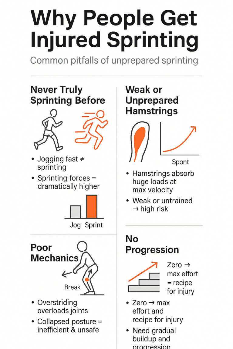 Infographic titled 'Why People Get Injured Sprinting' showing four panels: 'Never Truly Sprinting Before' (icons and a bar chart comparing jogging and sprinting forces), 'Weak or Unprepared Hamstrings' (muscle diagram and rising velocity curve), 'Poor Mechanics' (illustration of overstriding and collapsed posture), and 'No Progression' (step graphic and arrow warning against sudden zero‑to‑max effort), each accompanied by brief bullet-point explanations.