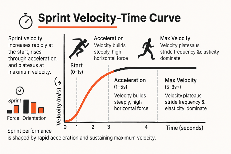 Infographic titled 'Sprint Velocity‑Time Curve' showing a graph of velocity (m/s) versus time (seconds) with a red curve that rises steeply from 0–3s (labeled Start and Acceleration) then plateaus into Max Velocity (5–8s+), surrounded by running icons, a stopwatch, explanatory text about rapid acceleration and plateauing at maximum velocity, and a small bar chart labeled Force and Orientation.