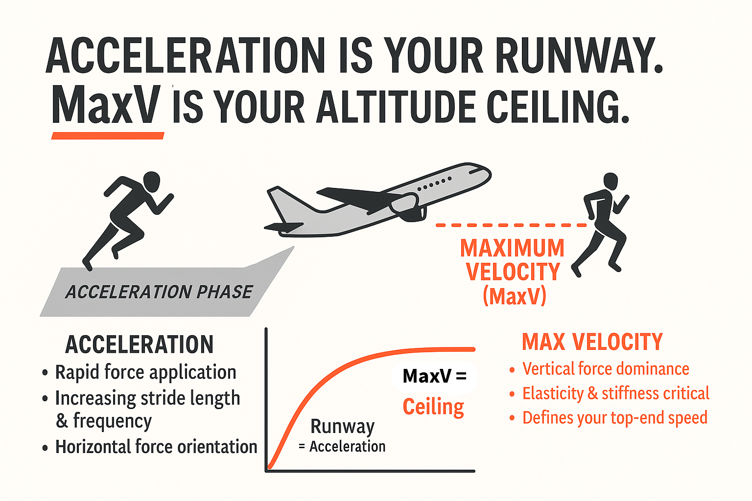 Infographic titled “ACCELERATION IS YOUR RUNWAY. MaxV IS YOUR ALTITUDE CEILING.” showing running-silhouette icons and an airplane with a dashed line labeled “MAXIMUM VELOCITY (MaxV),” a small graph where an acceleration curve levels off at a “Ceiling,” and bullet-point lists explaining acceleration (rapid force application, increasing stride length & frequency, horizontal force orientation) and max velocity (vertical force dominance, elasticity & stiffness critical, defines your top-end speed).