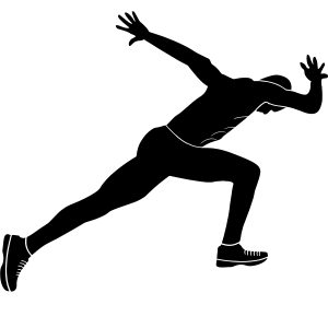 Black silhouette of a sprinter lunging forward in mid-stride with one leg stretched behind, the other knee raised, arms thrust back and wearing athletic shoes.