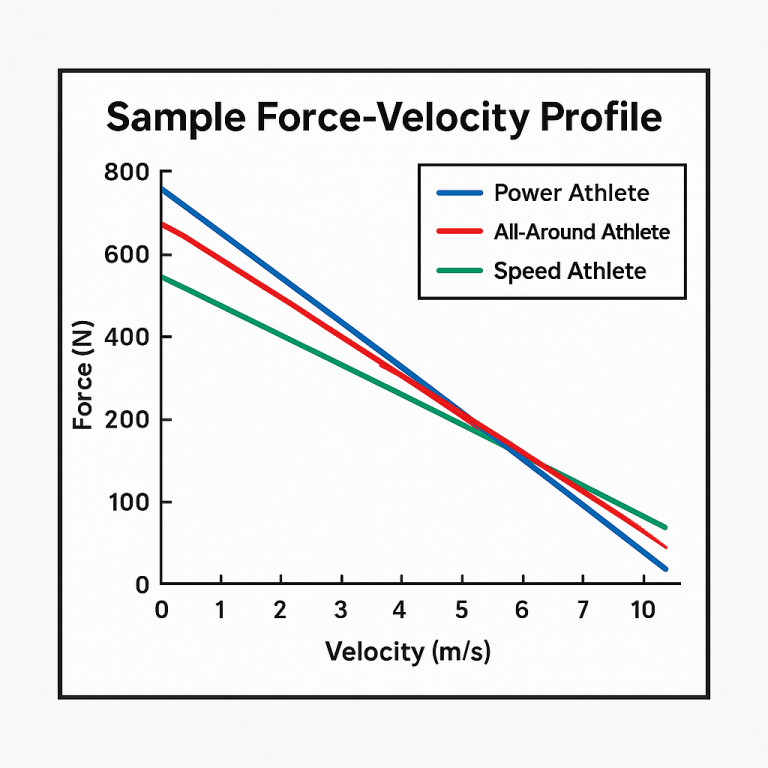 Line chart titled "Sample Force-Velocity Profile" showing Force (N) on the vertical axis (0–800) and Velocity (m/s) on the horizontal axis (0–10) with three downward-sloping lines: blue "Power Athlete" highest at low velocities, red "All-Around Athlete" intermediate, and green "Speed Athlete" lowest, all declining toward near zero force at 10 m/s.