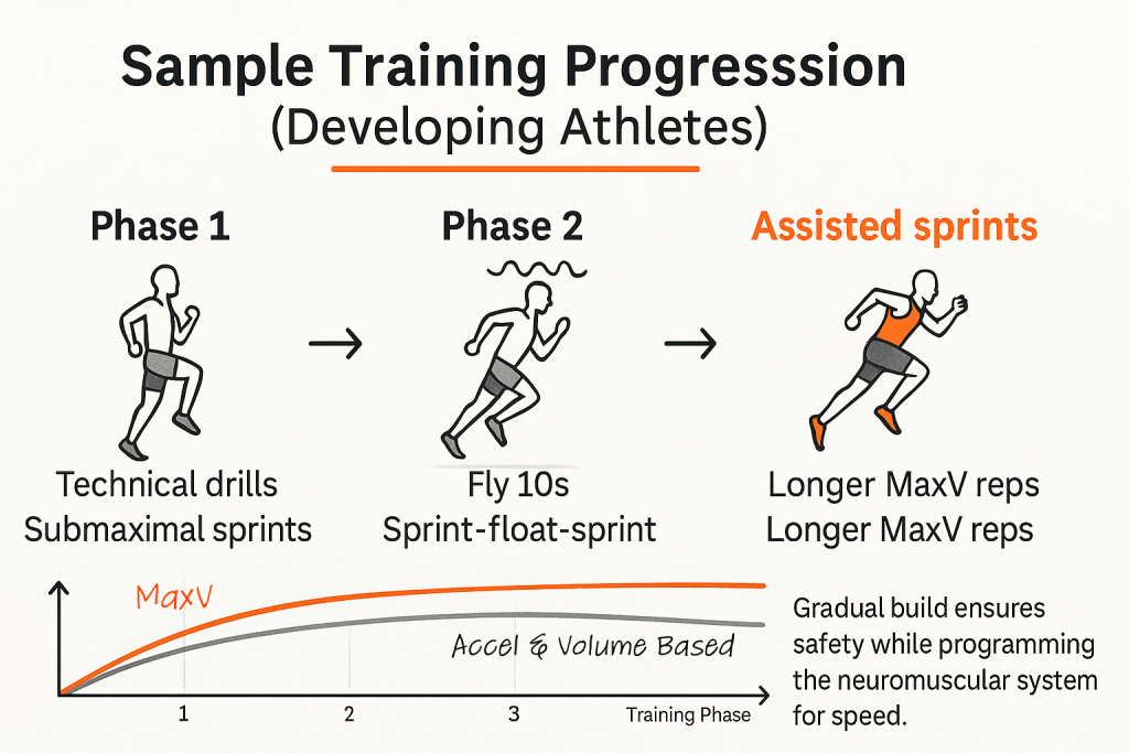 Infographic titled Sample Training Progression (Developing Athletes) showing three stages: Phase 1 with a runner icon labeled Technical drills and Submaximal sprints, Phase 2 with a runner icon labeled Fly 10s and Sprint‑float‑sprint, and a highlighted Assisted sprints stage with an advanced runner and text Longer MaxV reps, plus a small graph below showing an orange MaxV curve rising above a grey curve across training phases and a note about gradual build ensuring neuromuscular safety.