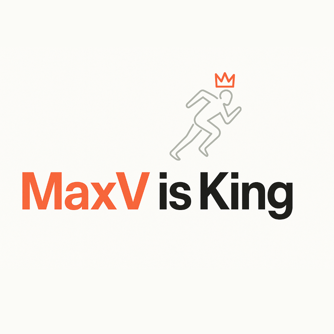 Minimalist logo reading “MaxV is King” with ‘MaxV’ in orange and ‘is King’ in black, accompanied by a simple outlined running figure with an orange crown above its head.