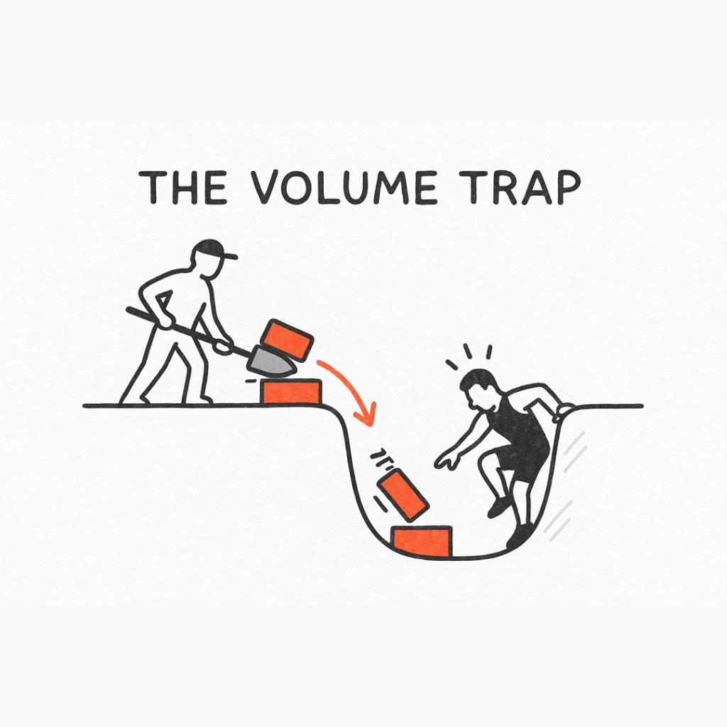 Cartoon titled 'THE VOLUME TRAP' showing a person on the left shoveling red bricks off a ledge into a deep pit while another person inside the pit struggles to climb out as falling bricks form obstacles.