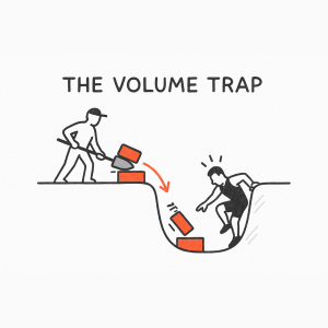 Cartoon titled 'THE VOLUME TRAP' showing a person on the left shoveling red bricks off a ledge into a deep pit while another person inside the pit struggles to climb out as falling bricks form obstacles.