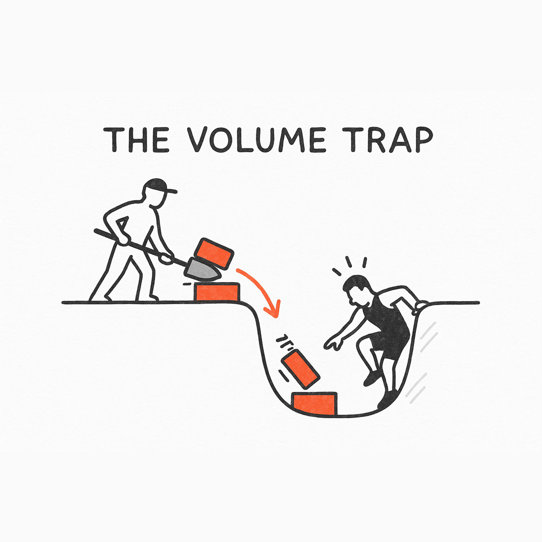 Cartoon titled 'THE VOLUME TRAP' showing a person on the left shoveling red bricks off a ledge into a deep pit while another person inside the pit struggles to climb out as falling bricks form obstacles.