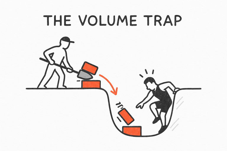 Illustration titled THE VOLUME TRAP showing a person shoveling red rectangular blocks down into a curved pit where another person is trapped at the bottom as the blocks fall and form steps.