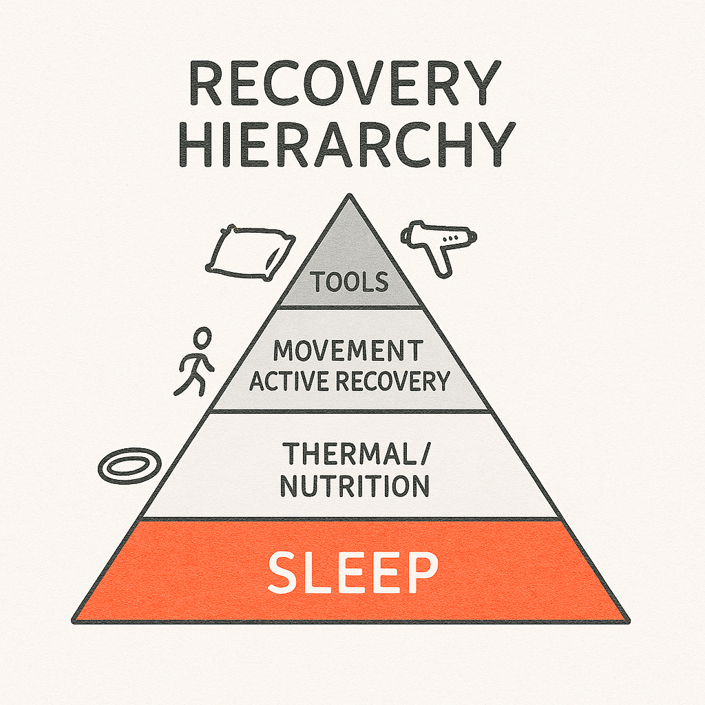 Graphic titled “RECOVERY HIERARCHY” showing a four-tier pyramid with a large orange base labeled SLEEP, above it THERMAL / NUTRITION, then MOVEMENT / ACTIVE RECOVERY with a small running stick-figure icon, and the top tier labeled TOOLS with small icons of a pillow and massage gun.