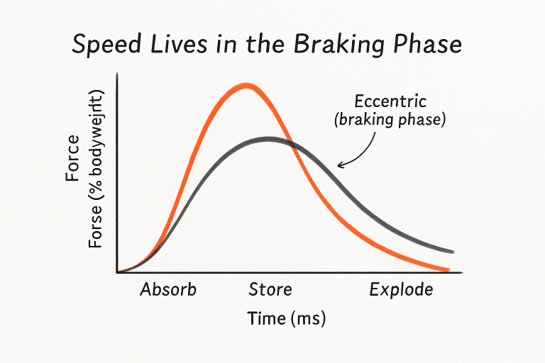 Line graph titled 'Speed Lives in the Braking Phase' showing force (% bodyweight) on the vertical axis vs time (ms) across three phases labeled Absorb, Store, Explode, with an orange curve that rises faster to a higher peak then falls sharply and a gray curve that peaks lower and later and declines more gradually, the gray curve marked by an arrow labeled 'Eccentric (braking phase)'.