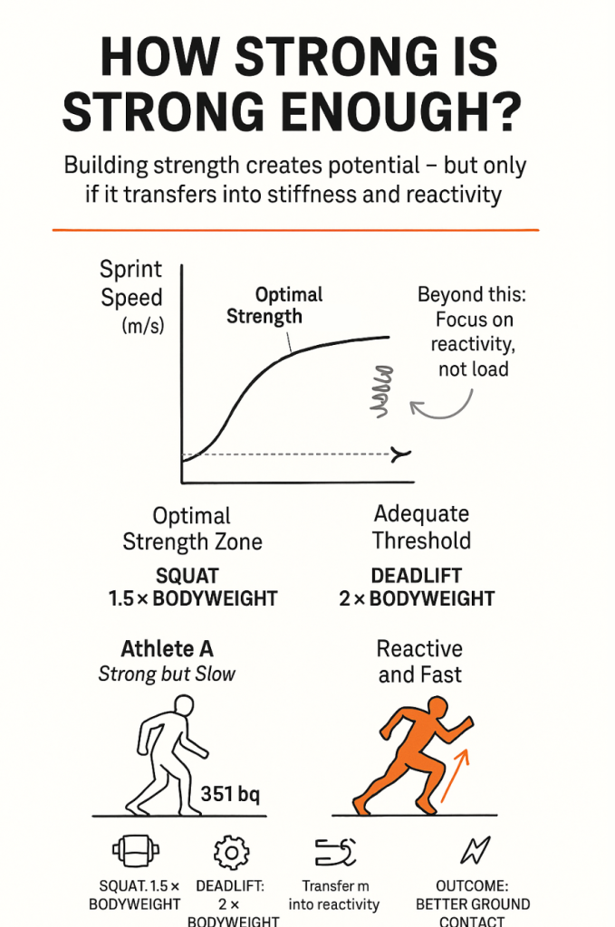 Infographic titled 'How Strong Is Strong Enough?' with a graph showing sprint speed increasing then plateauing at 'Optimal Strength' and a note to focus on reactivity beyond that, recommending squat 1.5× bodyweight and deadlift 2× bodyweight as thresholds and contrasting 'Athlete A' (strong but slow) with a reactive, fast athlete to illustrate transferring strength into stiffness and better ground contact.