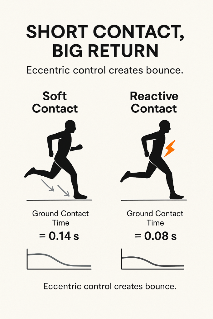 Infographic titled 'SHORT CONTACT, BIG RETURN' showing two running silhouettes comparing 'Soft Contact' (left) with downward arrows, ground contact time = 0.14 s and a damped force curve, and 'Reactive Contact' (right) with an orange lightning bolt, ground contact time = 0.08 s and a quicker force curve, accompanied by the caption 'Eccentric control creates bounce.'
